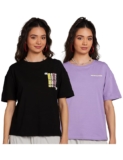 Amazon Brand – Symbol Women’s Graphic Cotton Stretch Half Sleeve Round Neck Oversized Loose Fit T-Shirts (Front & Back Print | Combo Pack of 2)