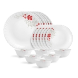 CELLO Scarlet Bliss Dazzle Series Opalware Dinner Set of 18 Pieces for Family of 6 | Bone-Ash Free & Leadfree Opal Glass, Microwave & Dishwasher Safe, Plates & Bowls Crockery Set for Dining & Gifting