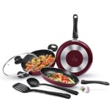 Milton Pro Cook Kitchen Pride Nonstick Cookware Set of 5 Includes Non Stick Tawa 25cm, Fry Pan 24cm/1.6 litres, Kadhai with Glass Lid 24cm/2.5 litres, Nylon Laddle & Spatula, Non-Induction Base, Peach