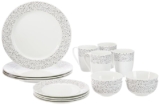 Amazon Brand – Solimo Ceramic 16 Piece Polka Dot Dinner Set | 4 Dinner Plates, 4 Quarter Plates, 4 Mugs & 4 Small Bowls | Black Dotted Design