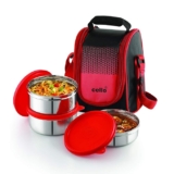 CELLO MF Plastic Matiz Lunch Box (375ml, Red) | Stainless Steel Lunch Box with Plastic Lid 3 Unit | Lunch Box with Jacket and Handle | Ideal for Office