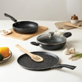 Cello Crown Induction Base Cookware Set with Spatter & Bakelite Handles, Black