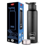 Pigeon Inox Hydra Duo, Dual Cap, Flipper Cap and Fridge Cap in one bottle, Easy to use, Multipurpose all in one bottle 900ml, Black