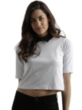 Miss Chase Women’s Navy Blue and Grey Collar Neck Half Sleeves Solid Boxy Crop Top