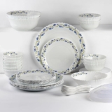 Cello Opalware Dazzle Series Morning Glory Dinner Set, 35 Units | Microwave & Dishwasher Safe | Light-Weight & Thermal Resistant | Crockery Set for Dining & Gifting