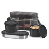 Milton Decker Lunch Box with Insulated Fabric Jacket, 3 Containers (1 Oval Stainless Steel 450 ml, 2 Inner Stainless Steel 450 ml), Microwave Safe & Leak-Proof Tiffin for Office, School, College,Black