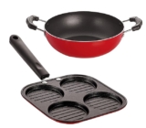 Nirlon 2 Pieces Non Stick Stain Resistance Non-Induction Kitchen Essential Cookware Set of Casting Uttapam-4 Cavity & Kadhai-18.5cm (Color-Red)